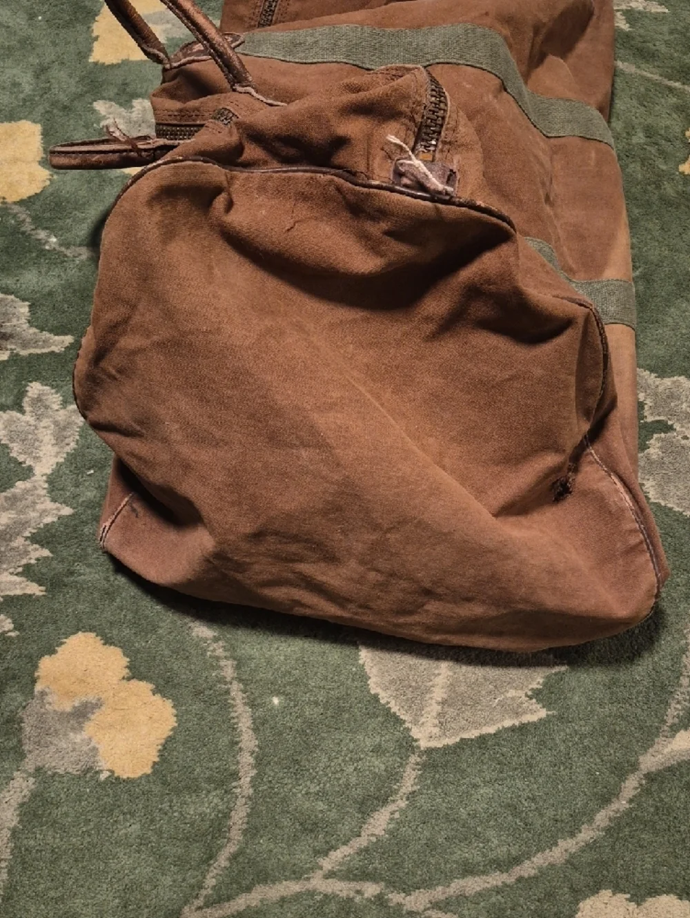 L.L. Bean Brown Canvas Duffel with Green Straps
